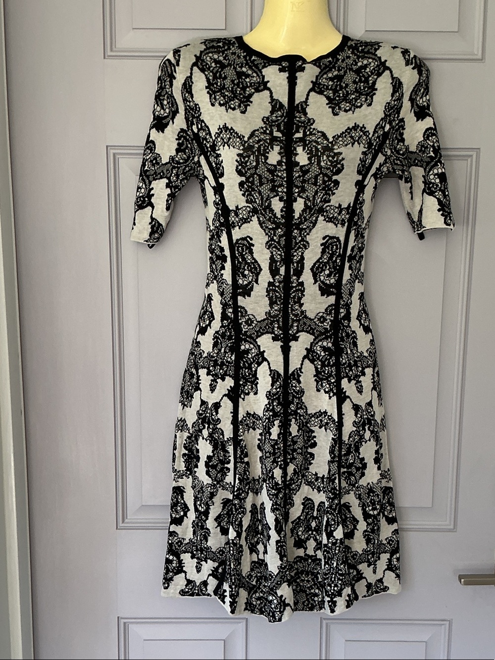 BCBGMaxAzria Black and White Lace-Print Fit-and-Flare Midi Dress